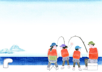 Obraz premium 海釣り 魚釣り 人物 家族 背景 水彩 イラスト