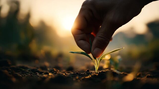 Hand gently touching seedling growing from soil during sunset. Hand touching seedling symbolizes care, connection nature, new life. Hand seedling reflect growth, hope, sustainable agriculture.