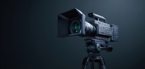 The professional video camera on a tripod against a dark background.