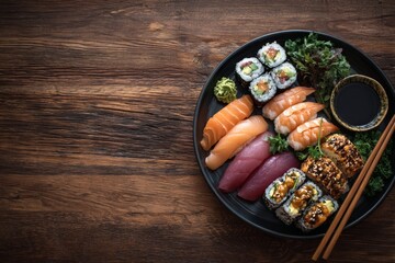A sushi platter on dark wooden background, fresh seafood variety. Generative AI