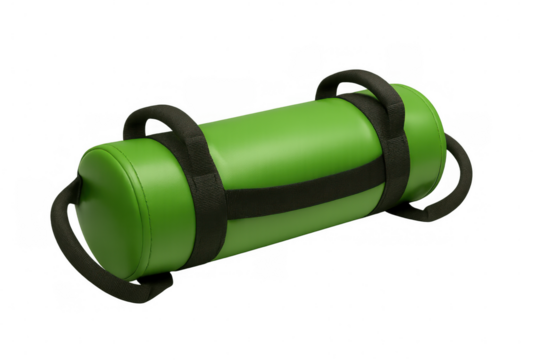 Green sandbag with black handles for functional training isolated on transparent background, ideal for fitness and strength workouts