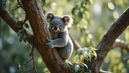 Fototapeta premium Koala sitting peacefully in forest during daytime