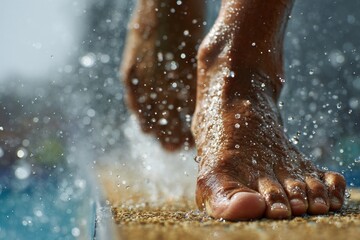 Diver's feet poised on springboard, water splashing, capturing the thrill of competitive diving
