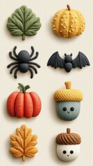 Creative autumn-themed decorations featuring pumpkins, leaves, and creatures in various colors and shapes for seasonal ambiance