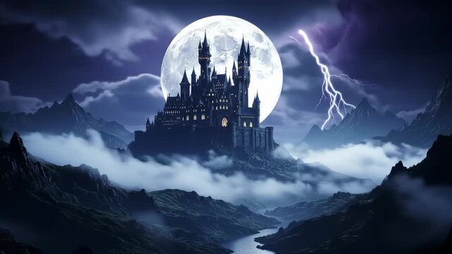 Gothic Castle Overlook: Moonlit Storm, Swirling Mist, and Fiery Cave