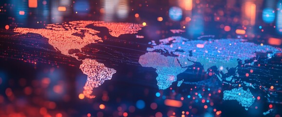 A colorful illustration of a world map with red and blue pixels on a dark background with a shallow depth of field and bokeh effect conveying a modern and technological mood.