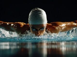 Competitive swimmer performing a powerful dive into the water with dynamic splashes and energy