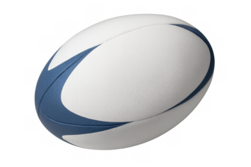 Photorealistic white and blue rugby ball rotating in 3d, spinning on transparent background
