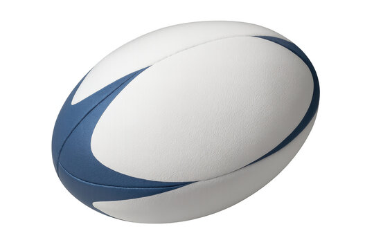 Photorealistic white and blue rugby ball rotating in 3d, spinning on transparent background