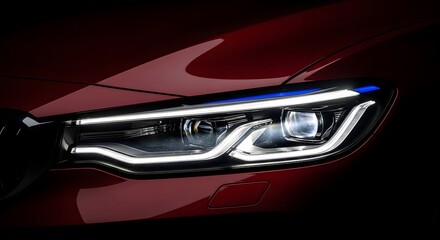 Close-Up of Modern Car Headlight in Elegant Red Automobile Design.