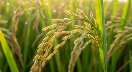 Golden Rice Paddies Illuminated by Sunlight in a Field at Harvest Season.