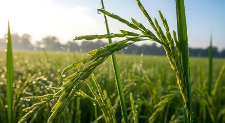 Green Paddy Field in Early Morning with Dew on Rice Plants.