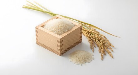 Freshly Harvested White Rice Grains in Traditional Wooden Container With Stalks.