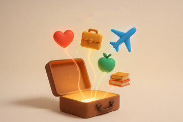 Open suitcase with glowing icons of heart, plane, briefcase, apple, and books, symbolizing choices for life's journey, travel, career, health, learning, and passion
