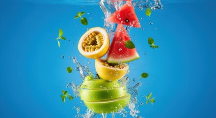 Vibrant explosion of fresh fruit and refreshing water creating an invigorating visual impact