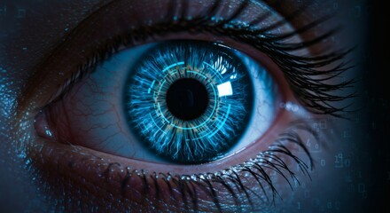 Cyberpunk Vision Blue Eye Scan with Digital Hud Overlay.