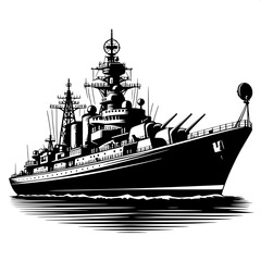 Obraz premium Black and White Vector Silhouette of Warship on Water