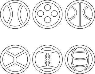 Thin line icon set of sports balls including soccer, basketball, tennis, and more. Ideal for UI kits, sport banners, and game-related graphic designs.
