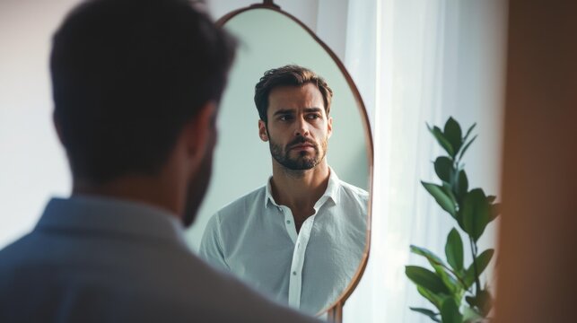 Pensive young man reflecting in bedroom mirror during daytime