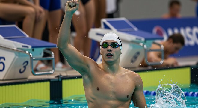 Triumphant Male Swimmer Celebrates Victory in a Competitive Swimming Pool
