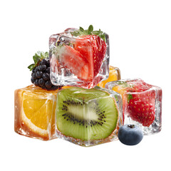 Ice cubes with fruit inside isolated on transparent background