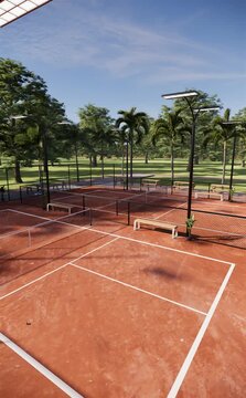 Drone view moving back and forth across several pickleball courts in a row, surrounded by trees and a cloudy blue summer sky. vertical orientation footage