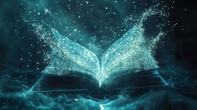 Open book emitting light particles in dark fantasy setting