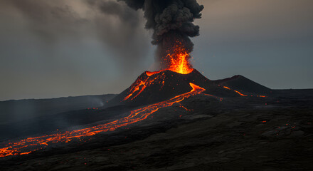 Erupting volcano spewing lava and ash flowing down the dark volcanic landscape