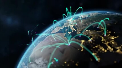 Futuristic digital Earth: glowing network lines and city lights animate across Africa and Eurasia - Powered by Adobe
