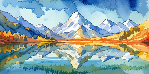 Mountain reflection in lake bright watercolor landscape, autumn colors and snowy peaks vibrant valley, hand-painted style alpine scene.