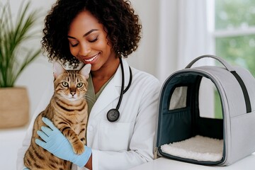 A smiling female veterinarian in a lab coat holds a Bengal cat next to a pet carrier, symbolizing professional animal care and positive clinic visits