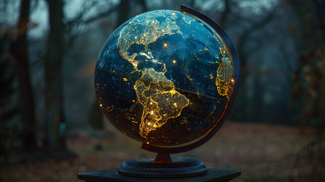 Illuminated Earth Globe in Dark Forest