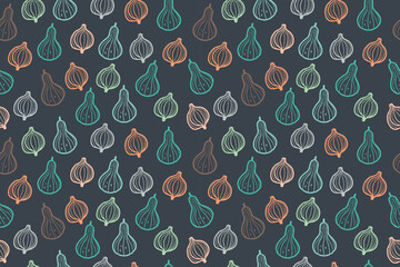 Seamless onion pattern with teal, orange and white outlines on dark navy background