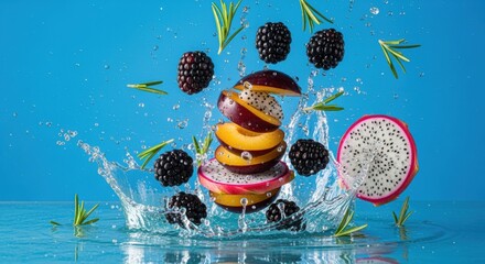 Exotic fruit medley in motion, capturing the essence of freshness and vibrancy against a serene