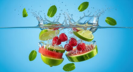 Vibrant splash of summer fruits and mint create a refreshing burst in clear water against azure
