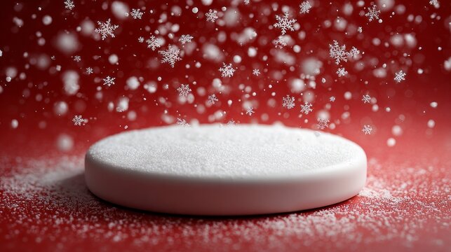 A white object with snow on it is on a red background. The snow is falling from the top of the object - Powered by Adobe