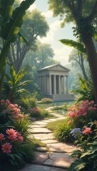 Fototapeta premium Serene temple in lush garden with flowers and pond