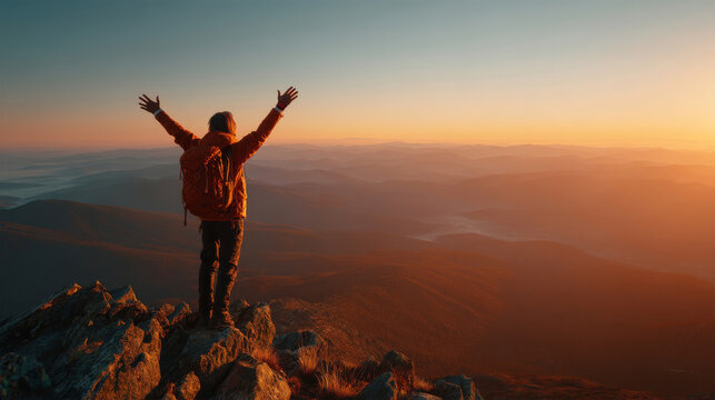 happy traveler with open arms standing on mountain peak at sunrise