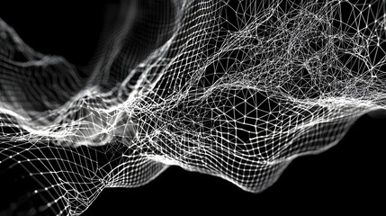Abstract network of interconnected points, forming flowing, wave-like structures.  Complex, 3D mesh against a black background