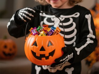 Child in skeleton costume holding pumpkin bucket full of halloween candy.
