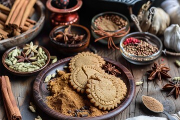 Fototapeta premium Round cookies with spices and brown sugar lying on a wooden plate on a rustic wooden table
