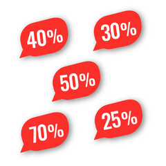 Vector Illustration 25, 30, 40, 50, 70 Percent Off Banner. Modern Red Web Label