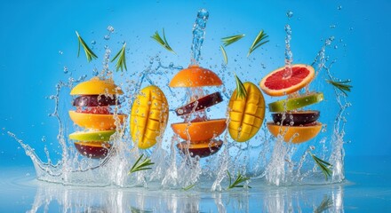 Vibrant fruit segments levitating in a dynamic splash on a bright cyan canvas creating a splashy