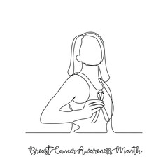 One continuous line drawing of Breast Cancer Awareness Month vector illustration. Breast Cancer Awareness Month themes design concept in simple linear continuous line. Great design for healthcare.