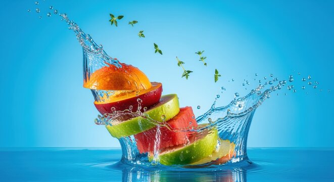 Vibrant fruit medley cascading into a crystalline explosion of freshness and hydration