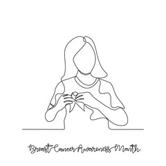 One continuous line drawing of Breast Cancer Awareness Month vector illustration. Breast Cancer Awareness Month themes design concept in simple linear continuous line. Great design for healthcare.