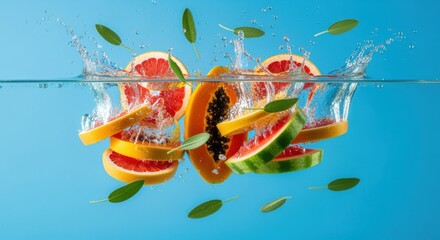 Dynamic fruit explosion: A vibrant composition of citrus, papaya, and watermelon splashing in blue