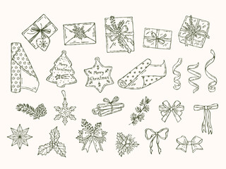 Hand-drawn Christmas doodle set with gift boxes, ribbons, bows, tags, wrapping paper elements, and festive decorations