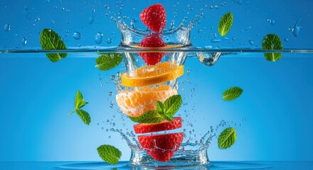 Invigorating fruit cascade amidst crystalline water, a refreshing splash evoking vibrant flavors