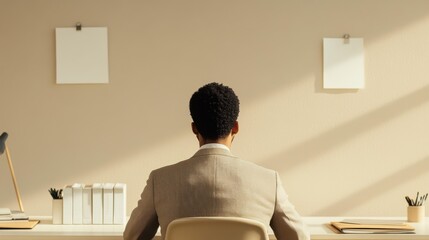 African American man sitting in office with papers and lamp